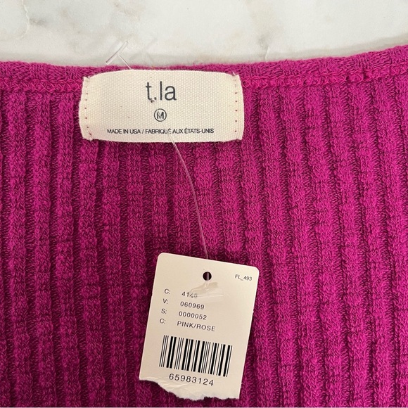 Y2K Anthropologie T.La Cinched V-Neck Top Magenta Pink Textured Ribbed Knit M - Picture 9 of 10
